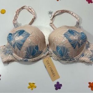 Lise Charmel Tan and Blue Lace Contour Bra 38D NWT